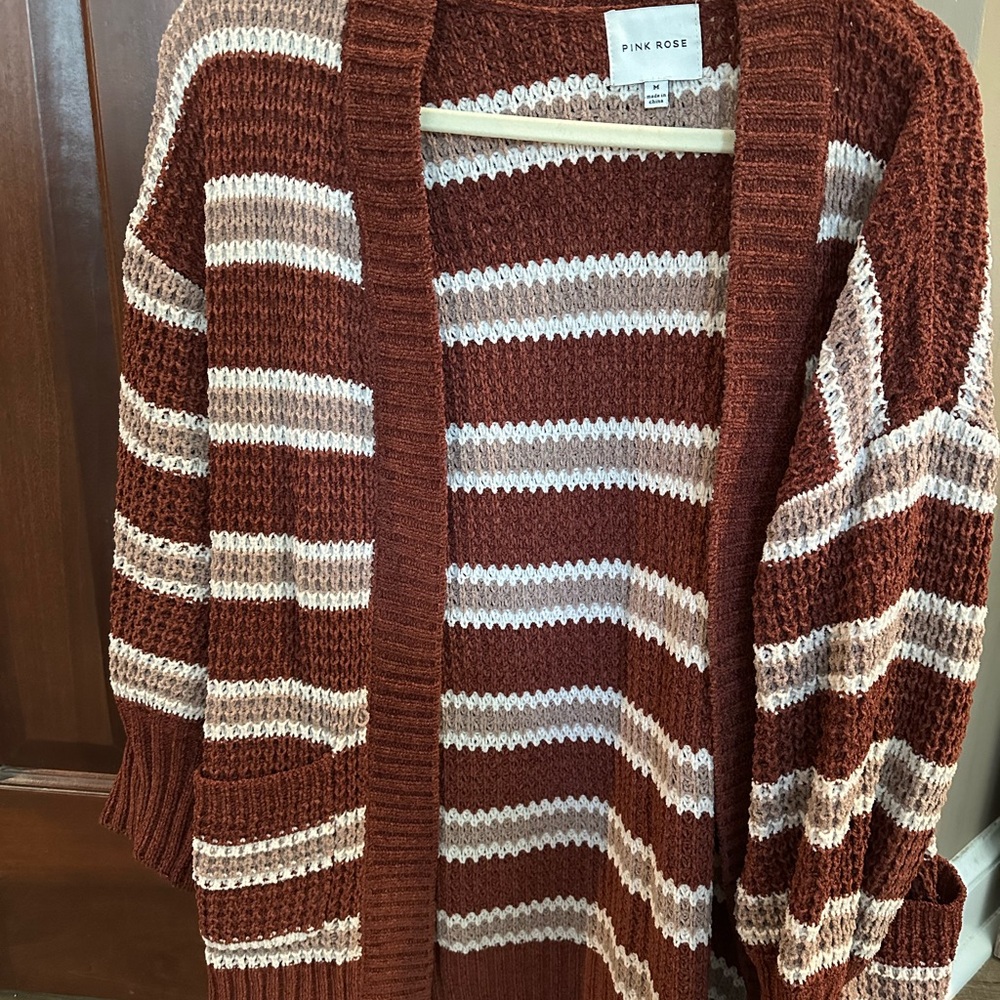 Pink Rose Rust and Beige Striped Knit Cardigan